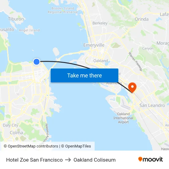 Hotel Zoe San Francisco, 425 N Point St to Oakland Coliseum map