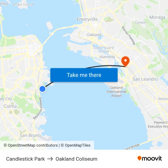 Candlestick Park to Oakland Coliseum map