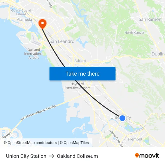 Union City Station to Oakland Coliseum map