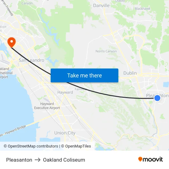 Pleasanton to Oakland Coliseum map