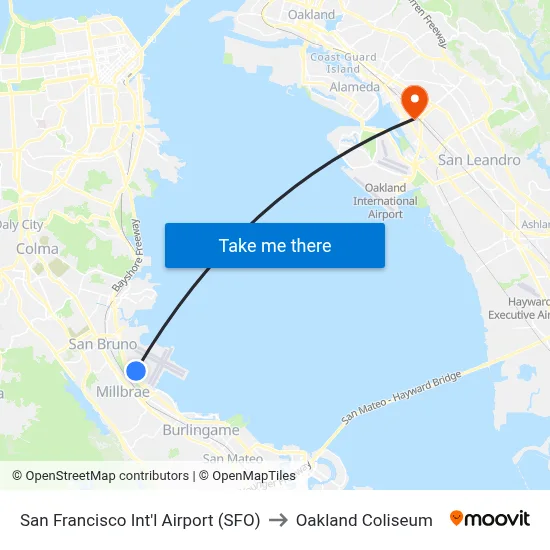 San Francisco Int'l Airport (SFO) to Oakland Coliseum map