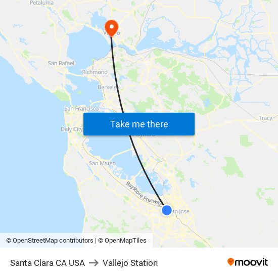 Santa Clara CA USA to Vallejo Station map