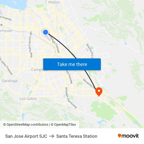 San Jose Airport SJC to Santa Teresa Station map