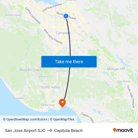 San Jose Airport SJC to Capitola Beach map