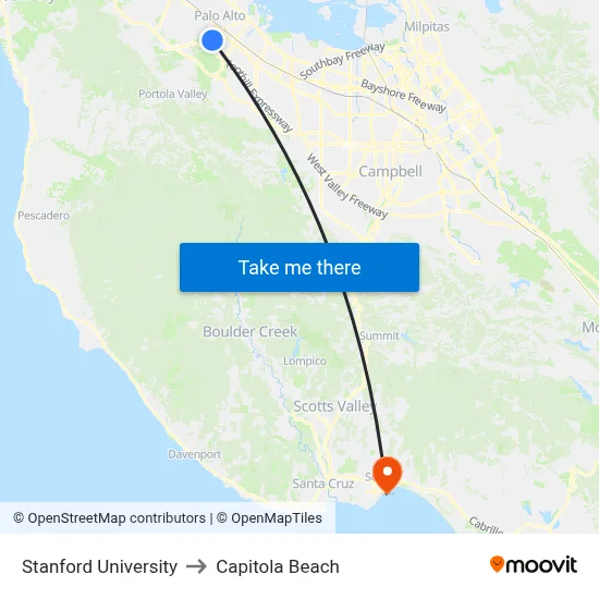Stanford University to Capitola Beach map
