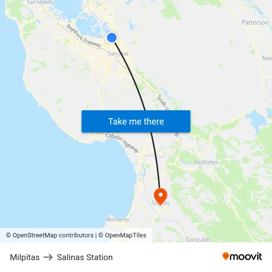 Milpitas to Salinas Station map