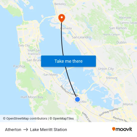 Atherton to Lake Merritt Station map