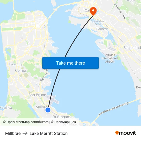 Millbrae to Lake Merritt Station map