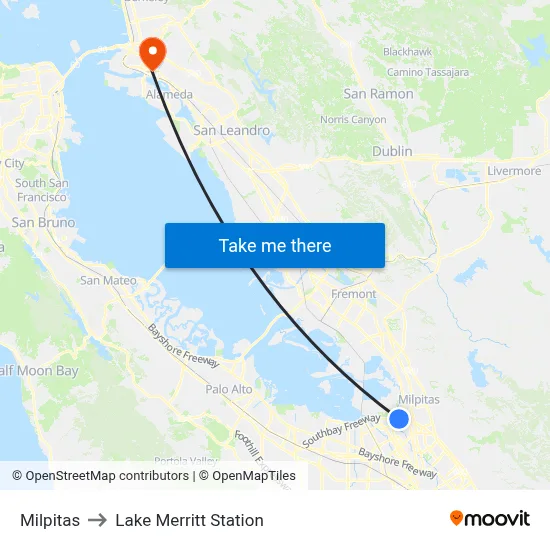 Milpitas to Lake Merritt Station map