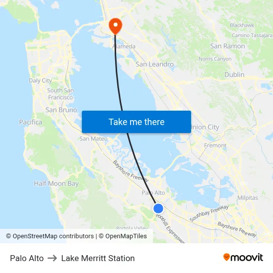 Palo Alto to Lake Merritt Station map