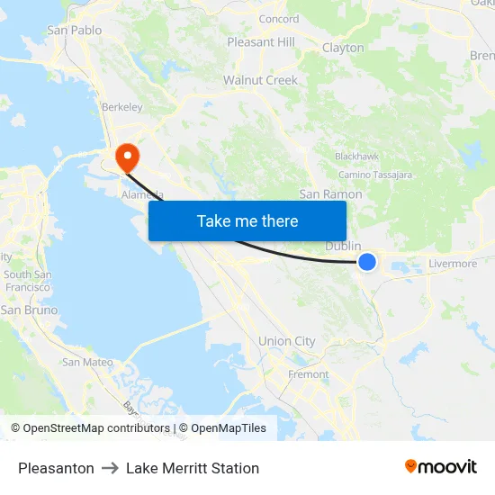 Pleasanton to Lake Merritt Station map