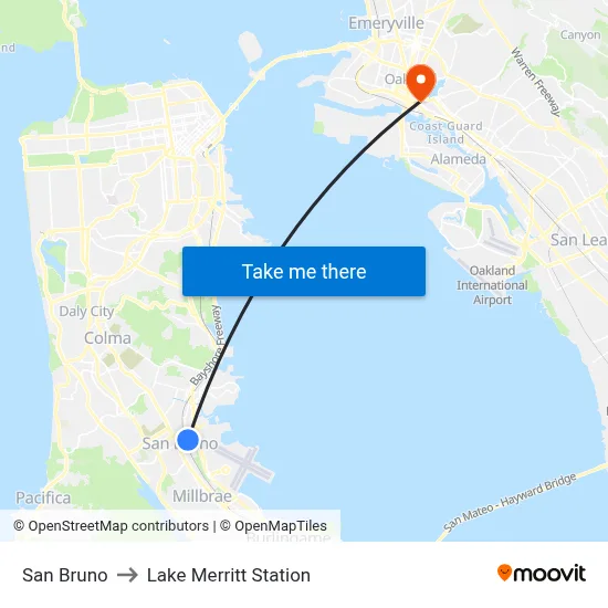 San Bruno to Lake Merritt Station map