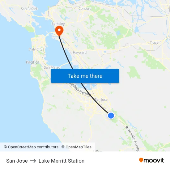 San Jose to Lake Merritt Station map
