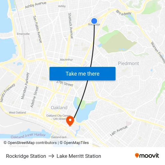 Rockridge Station to Lake Merritt Station map