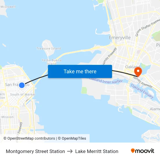 Montgomery Street Station to Lake Merritt Station map