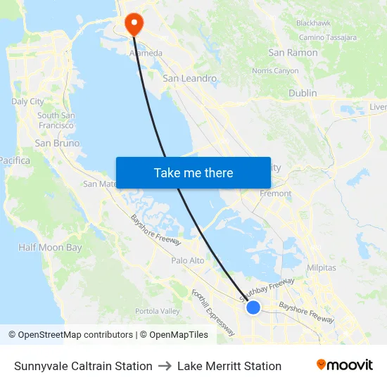 Sunnyvale Caltrain Station to Lake Merritt Station map