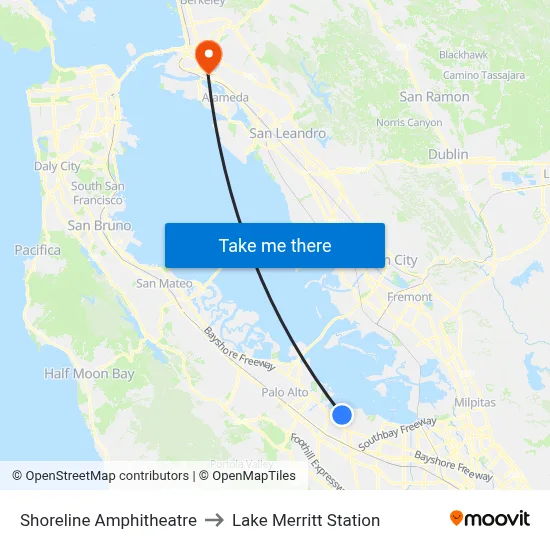 Shoreline Amphitheatre to Lake Merritt Station map