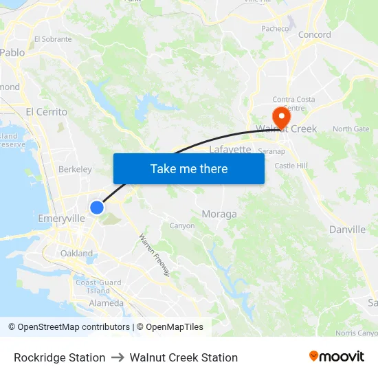 Rockridge Station to Walnut Creek Station map
