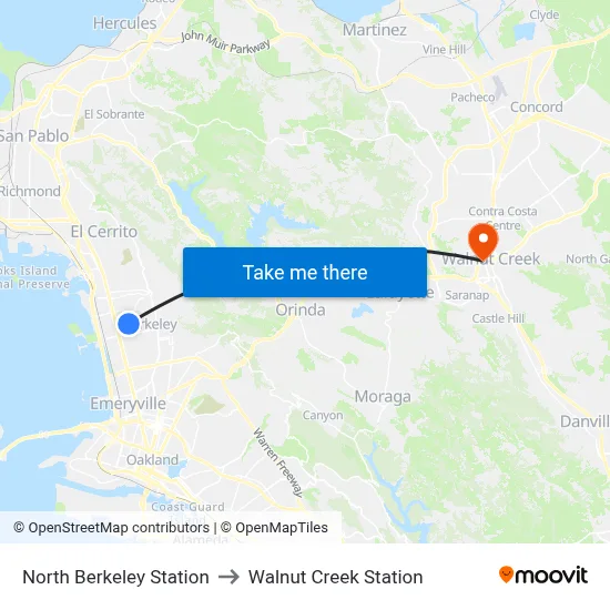 North Berkeley Station to Walnut Creek Station map