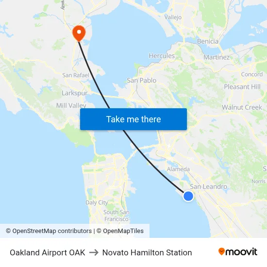 Oakland Airport OAK to Novato Hamilton Station map