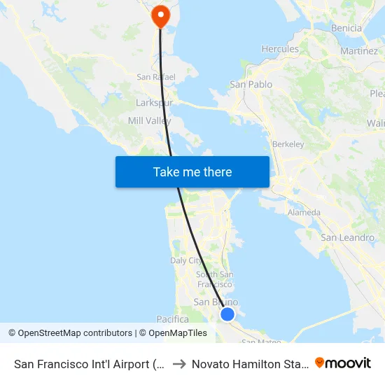 San Francisco Int'l Airport (SFO) to Novato Hamilton Station map