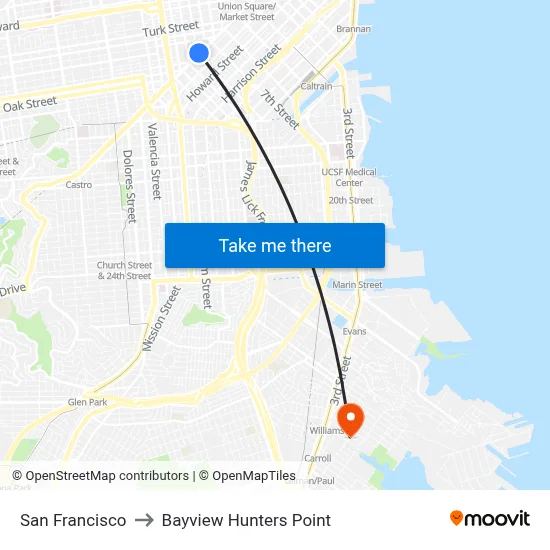 San Francisco to Bayview Hunters Point map