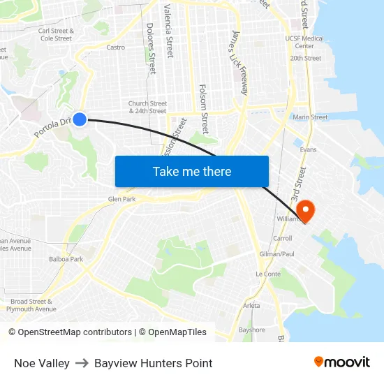 Noe Valley to Bayview Hunters Point map