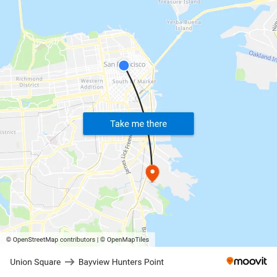 Union Square to Bayview Hunters Point map
