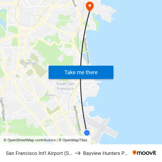 San Francisco Int'l Airport (SFO) to Bayview Hunters Point map