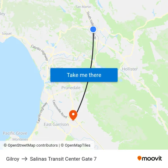 Gilroy to Salinas Transit Center Gate 7 map