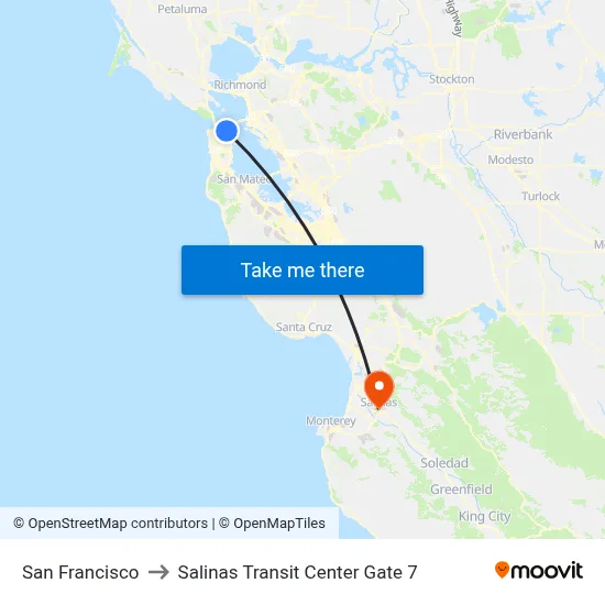San Francisco to Salinas Transit Center Gate 7 map