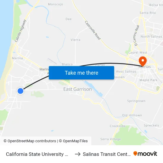 California State University Monterey Bay to Salinas Transit Center Gate 7 map