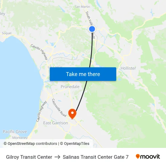 Gilroy Transit Center to Salinas Transit Center Gate 7 map