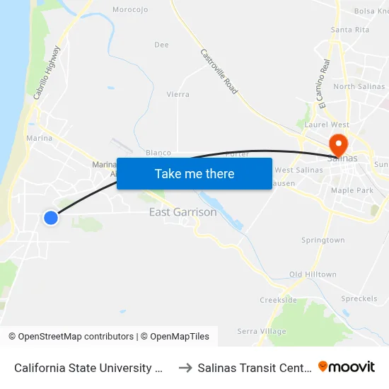 California State University Monterey Bay to Salinas Transit Center Gate 7 map