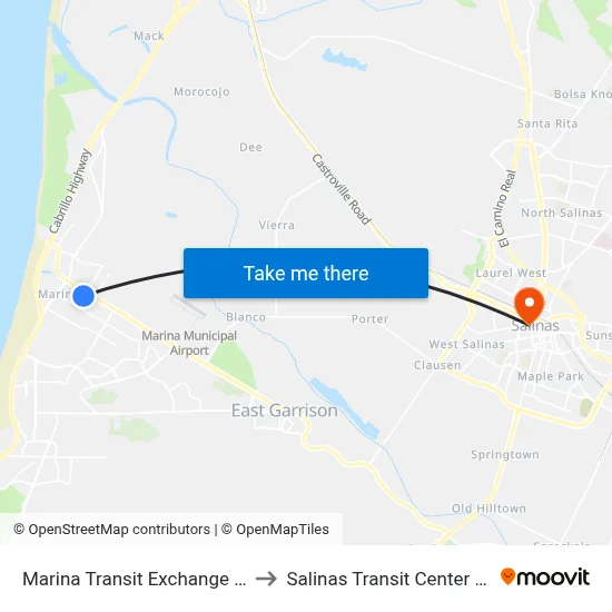 Marina Transit Exchange Gate 4 to Salinas Transit Center Gate 7 map