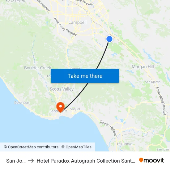 San Jose to Hotel Paradox Autograph Collection Santa Cruz map