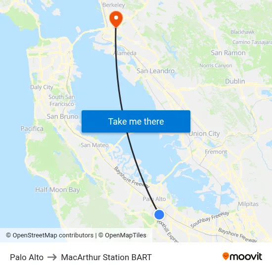 Palo Alto to MacArthur Station BART map