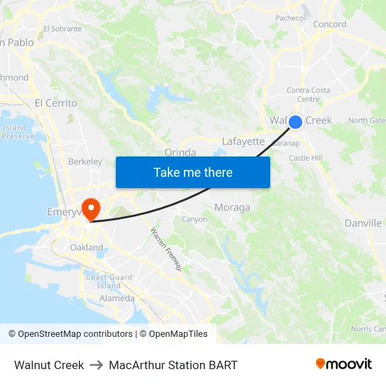 Walnut Creek to MacArthur Station BART map