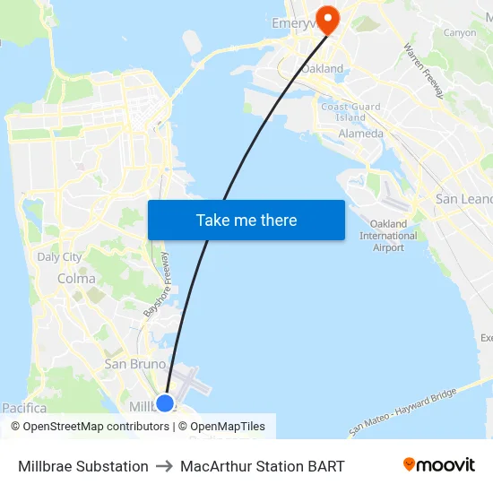 Millbrae Substation to MacArthur Station BART map