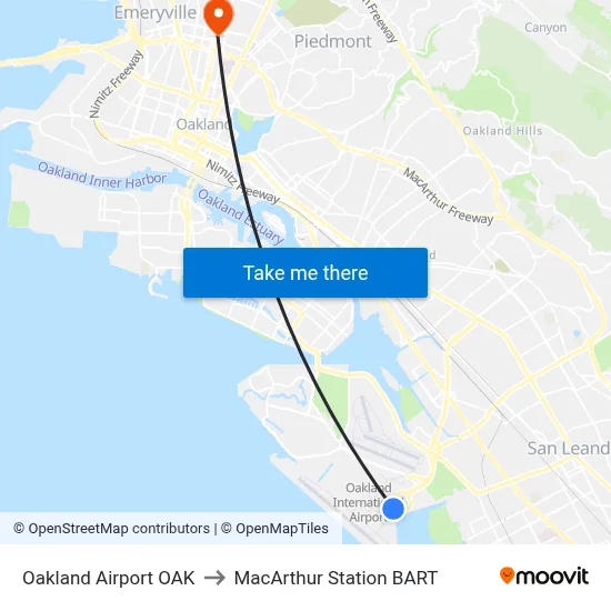 Oakland Airport OAK to MacArthur Station BART map