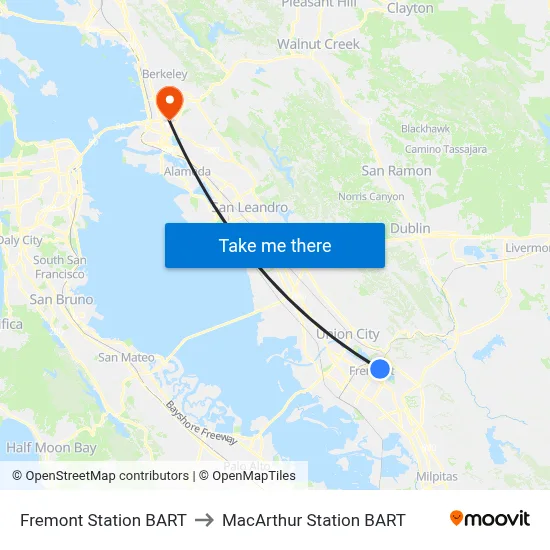 Fremont Station BART to MacArthur Station BART map