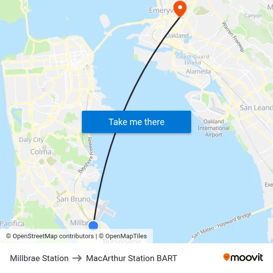 Millbrae Station to MacArthur Station BART map
