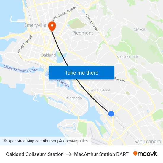 Oakland Coliseum Station to MacArthur Station BART map