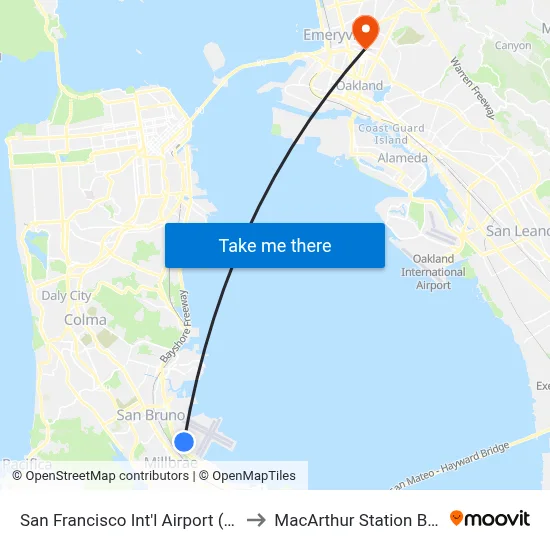 San Francisco Int'l Airport (SFO) to MacArthur Station BART map