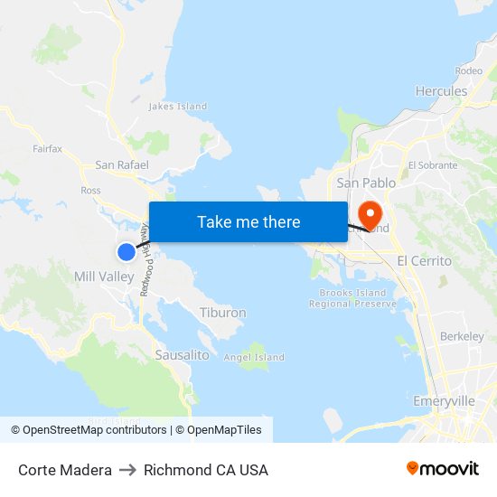 Corte Madera to Richmond CA USA map