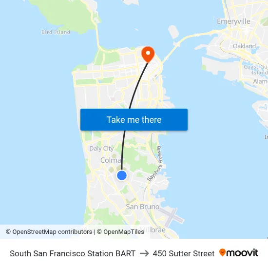 South San Francisco Station BART to 450 Sutter Street map