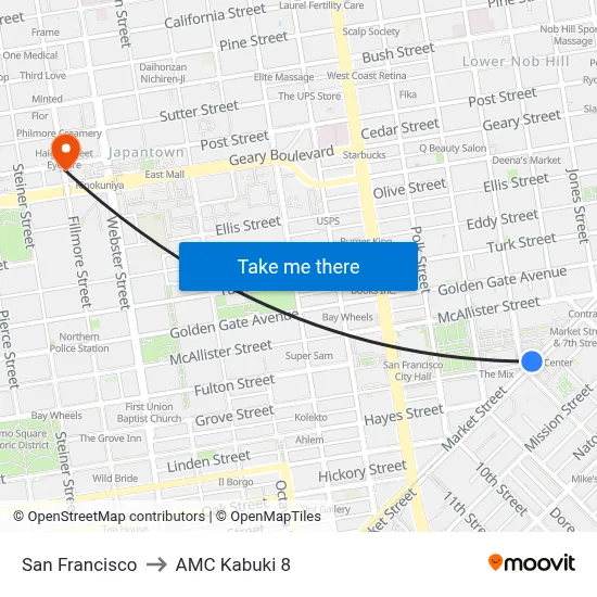 San Francisco to AMC Kabuki 8 map