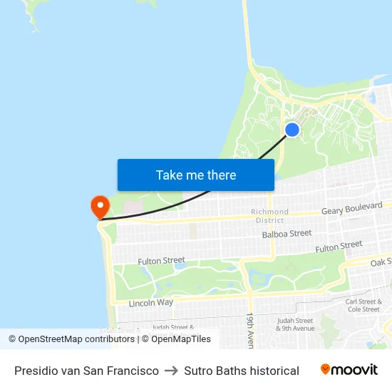 Presidio van San Francisco to Sutro Baths historical map