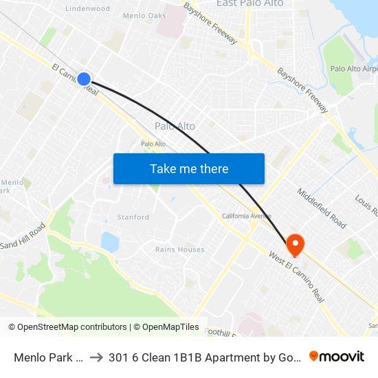 Menlo Park Caltrain Station to 301 6 Clean 1B1B Apartment by Google Facebook and Microsoft Palo Alto map