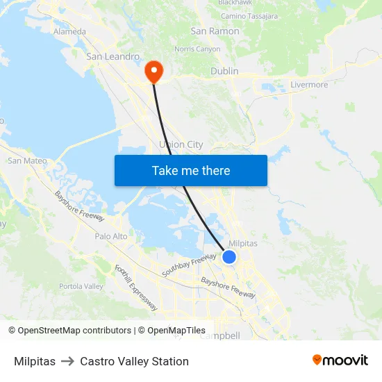 Milpitas to Castro Valley Station map